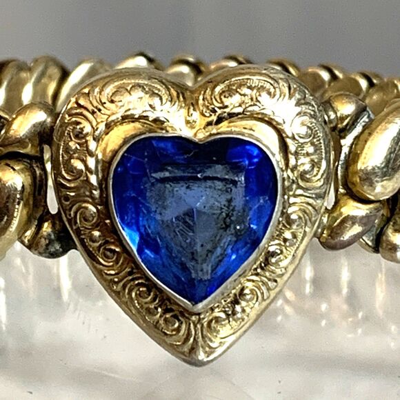 Vintage Co-Star Sweetheart Expansion Bracelet Gold Tone Blue Glass Heart 1940s - Picture 2 of 15